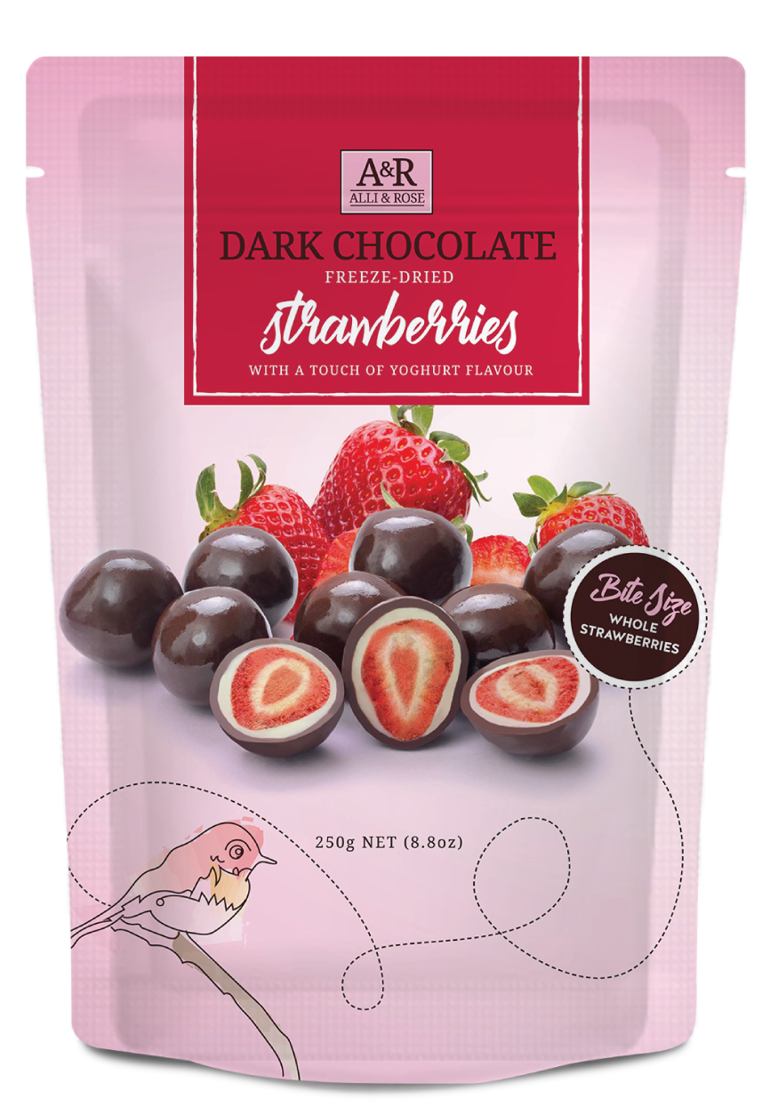 Front of Dark Chocolate Freeze Dried Strawberries bag